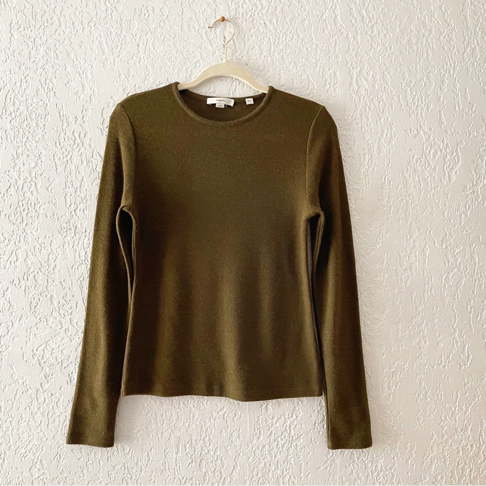 Vince Wool Blend T-Shirt Top Long Sleeve Crewneck Knit Layering Pullover Green - Picture 3 of 8